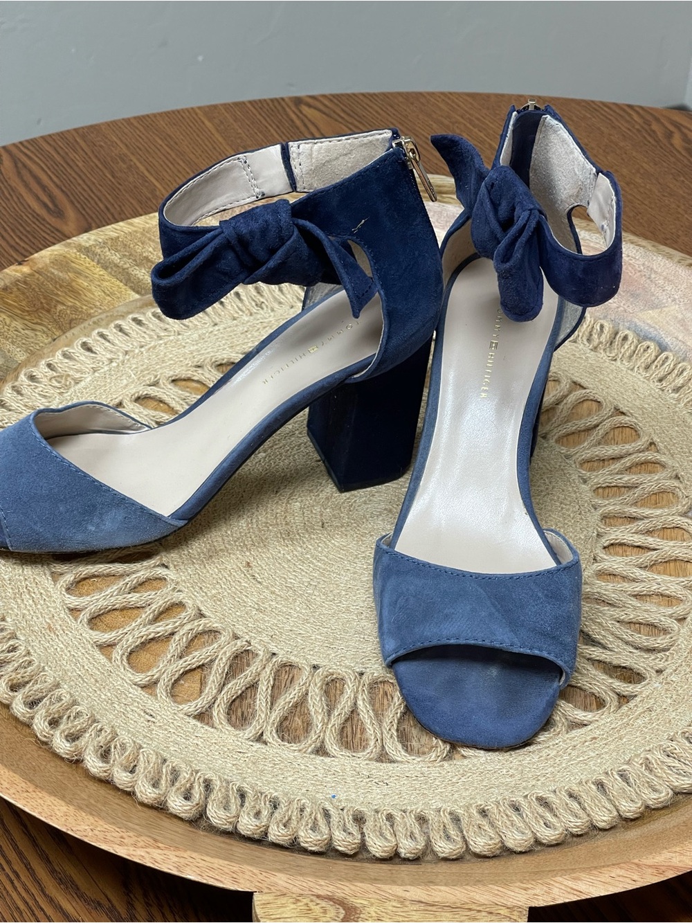 Tommy Hilfiger Navy Suede Block Heel Sandals with Ankle Bow